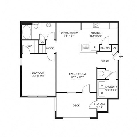 Floor plan for 1 bed, 1 bath, 751 sqft